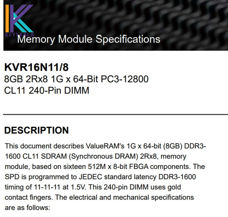 رم دسکتاپ DDR3 تک کاناله 1600 مگاهرتز کینگستون مدل KVR16N11/2 PC3-12800 ظرفیت 2 گیگابایت — تصویر ۶