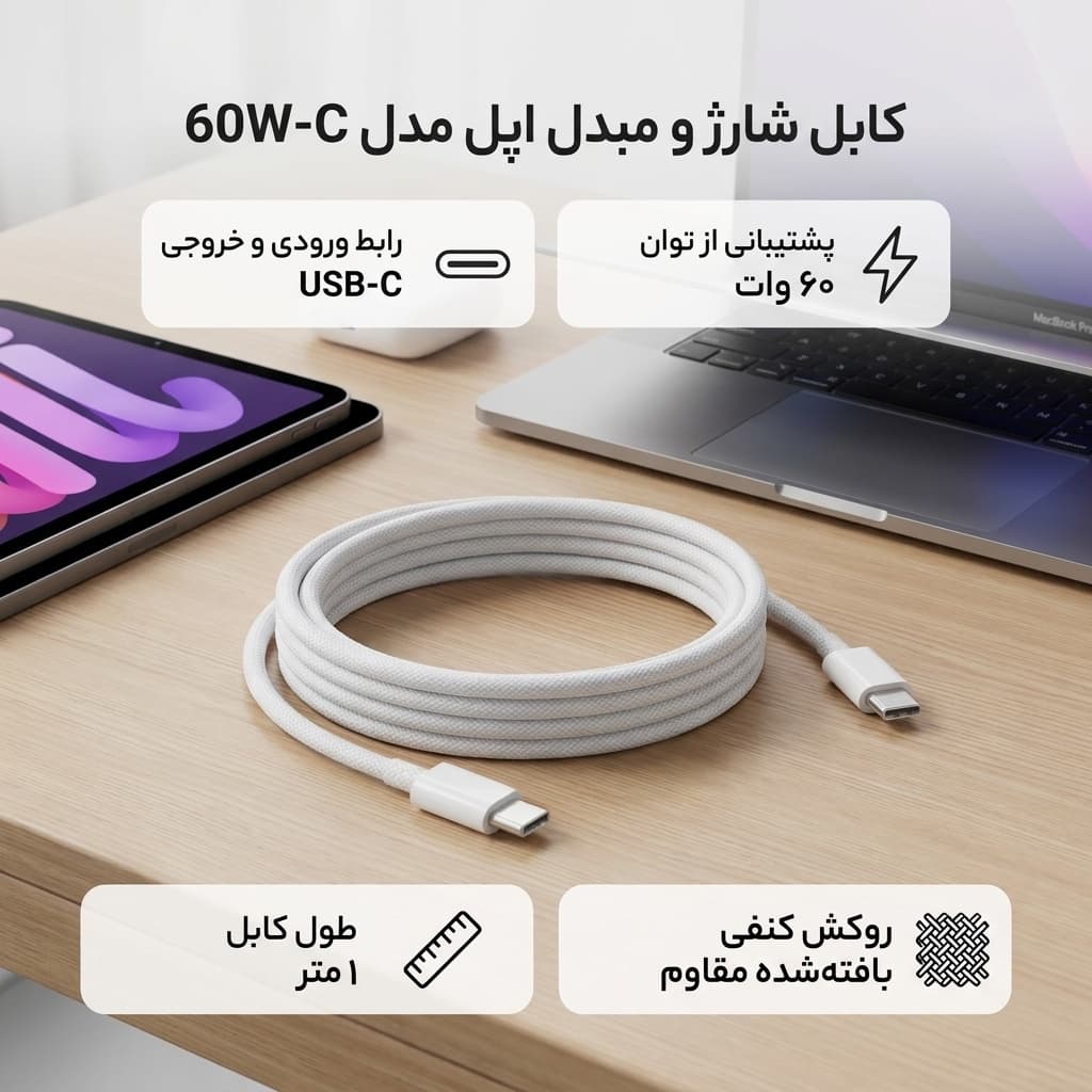 کابل USB-C به USB-C اپل 60 وات مدل MQKJ3ZM/A طول 1 متر (اورجینال) — تصویر ۳