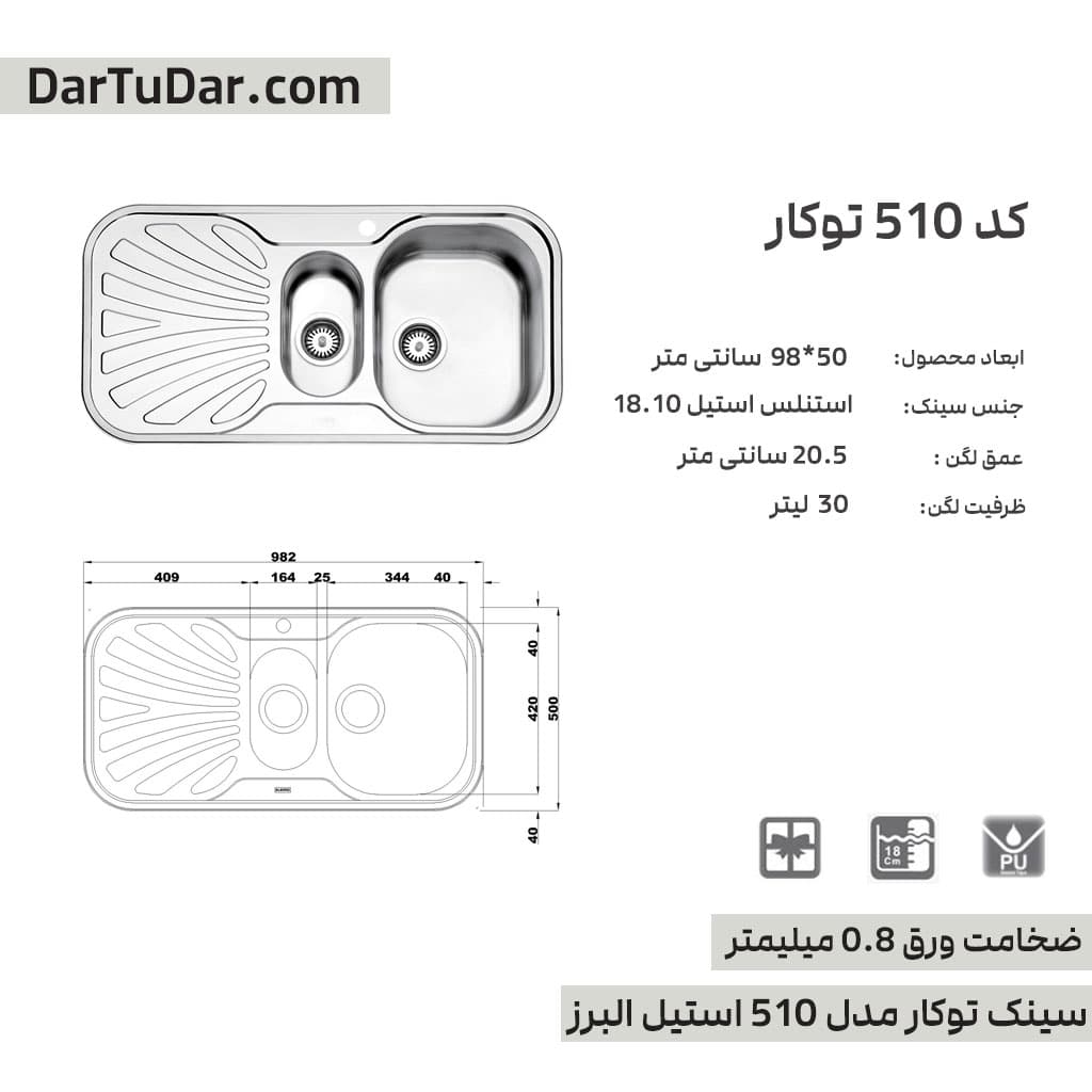 سینک توکار مدل 510 استیل البرز — تصویر ۴