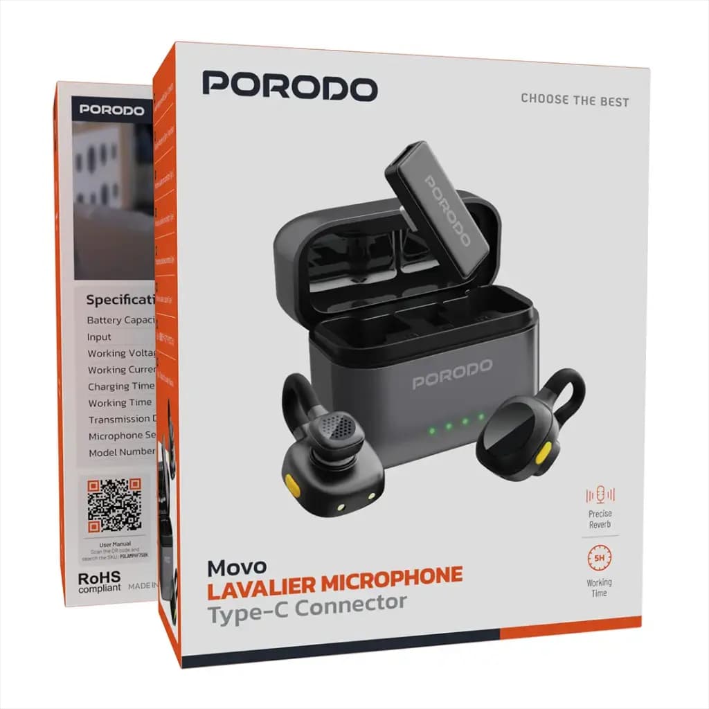 میکروفون وایرلس دو کاربره تایپ سی پرودو Porodo Movo Lavalier Microphone Type-C Connector PDLAMPHF76 — تصویر ۶