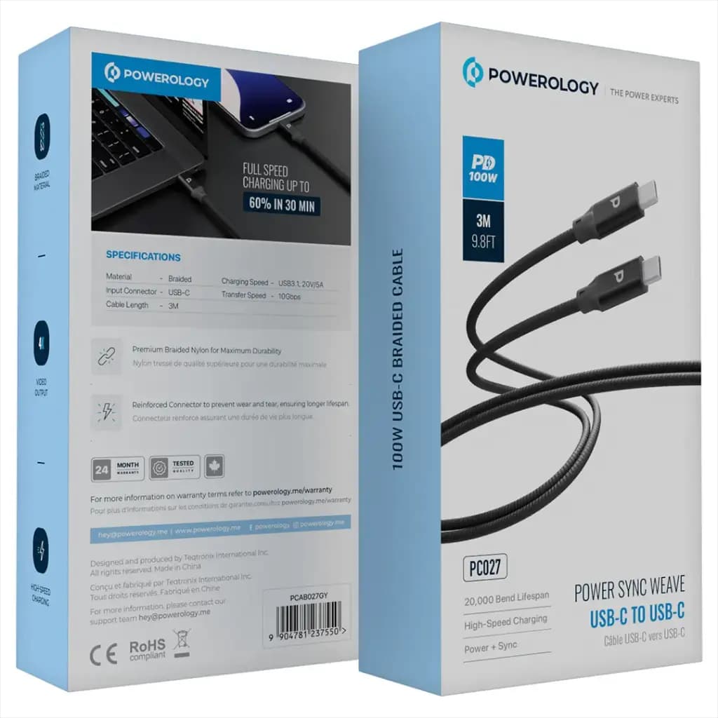 کابل پاورولوژی Powerology Power Sync Weave USB-C to USB-C 3M Cable PD 100W