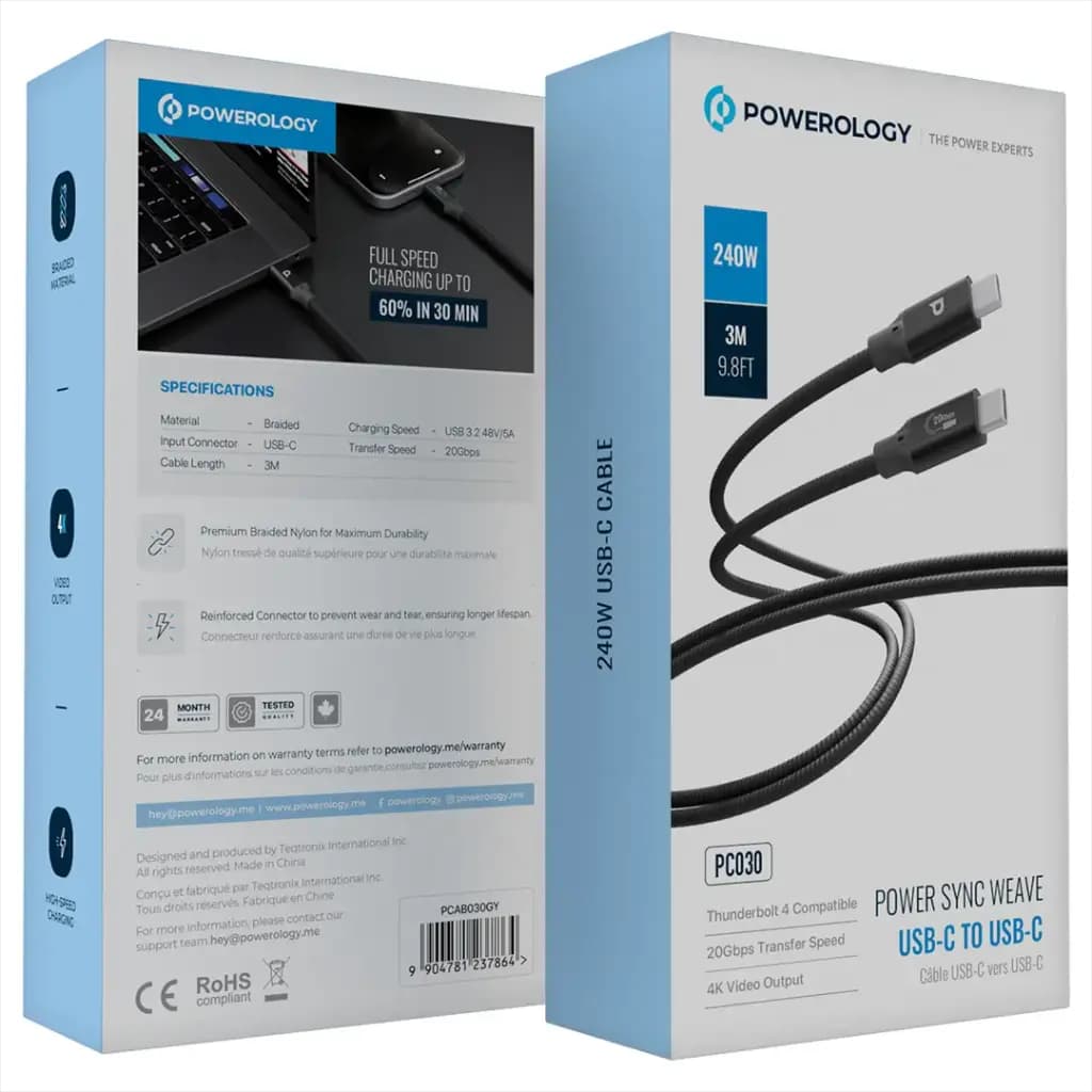 کابل پاورولوژی Powerology Power Sync Weave USB-C to USB-C 240W 3M Cable — تصویر ۲