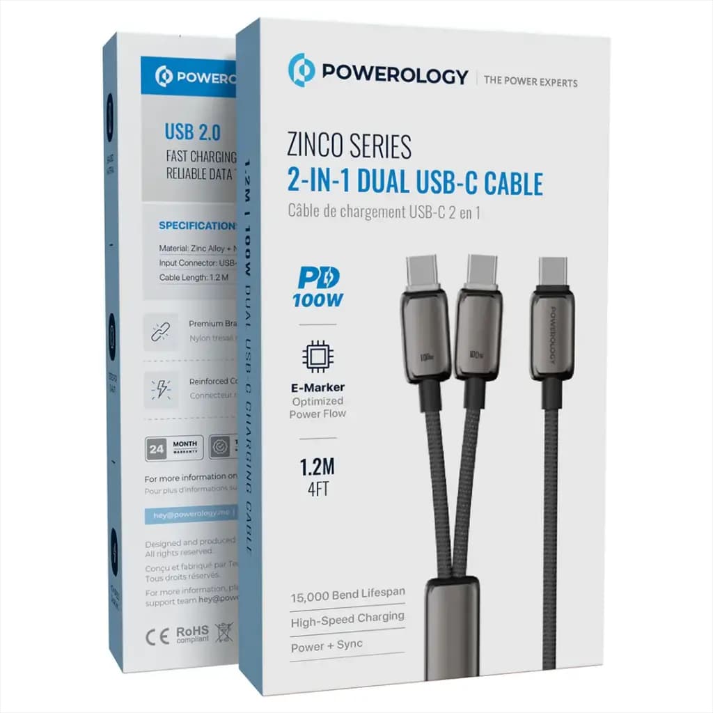 کابل پاورولوژی Powerology Zinco Series 2-IN-1 Dual USB-C Cable — تصویر ۸