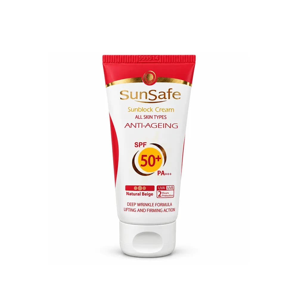 کرم ضد آفتاب و ضد چروک بژ طبیعی مناسب انواع پوست ANTI-AGEING SPF50 سان سیف 50 میلی لیتر