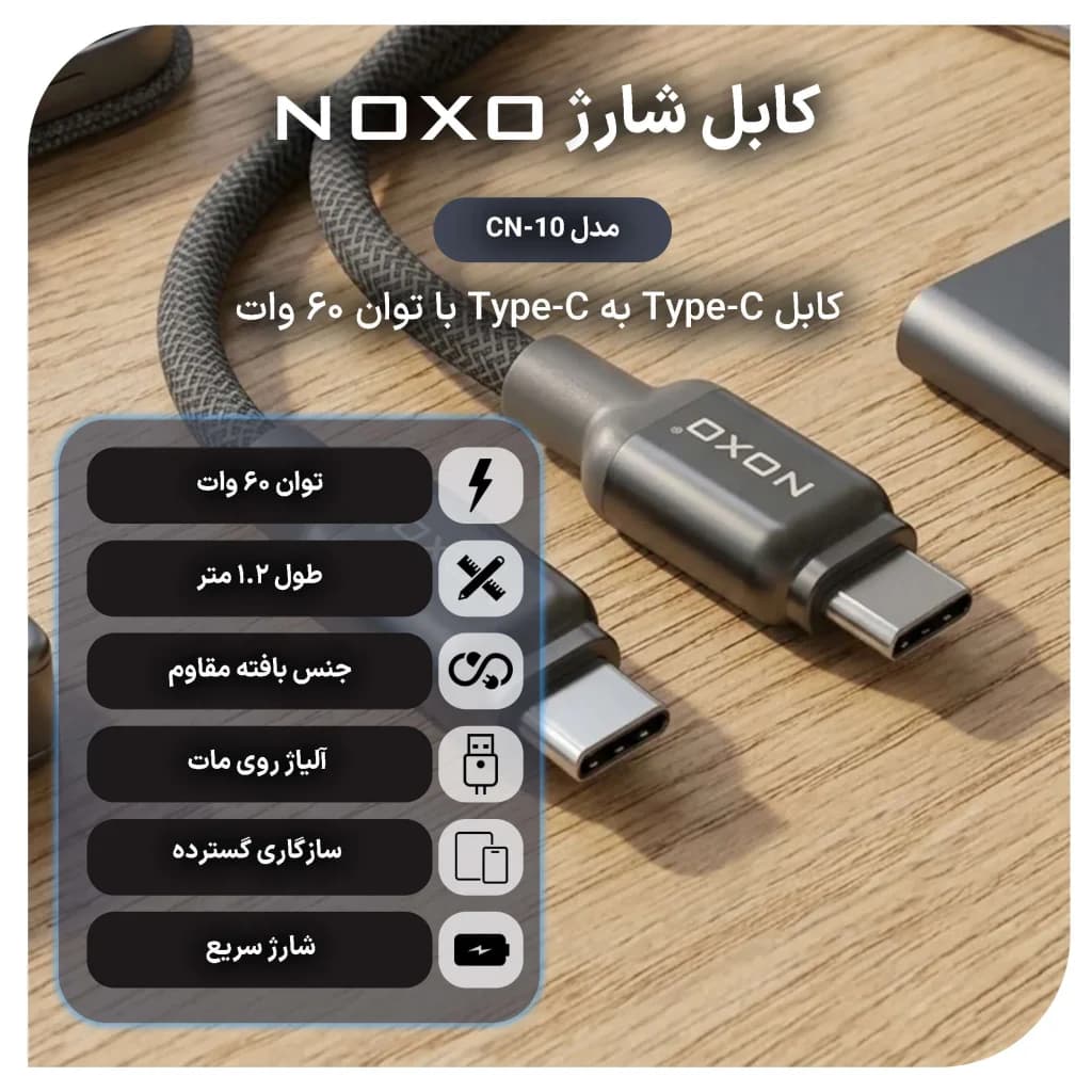 کابل تبدیل Type-C به Type-C نوکسو مدل CN-10 طول 1.2 متر — تصویر ۲