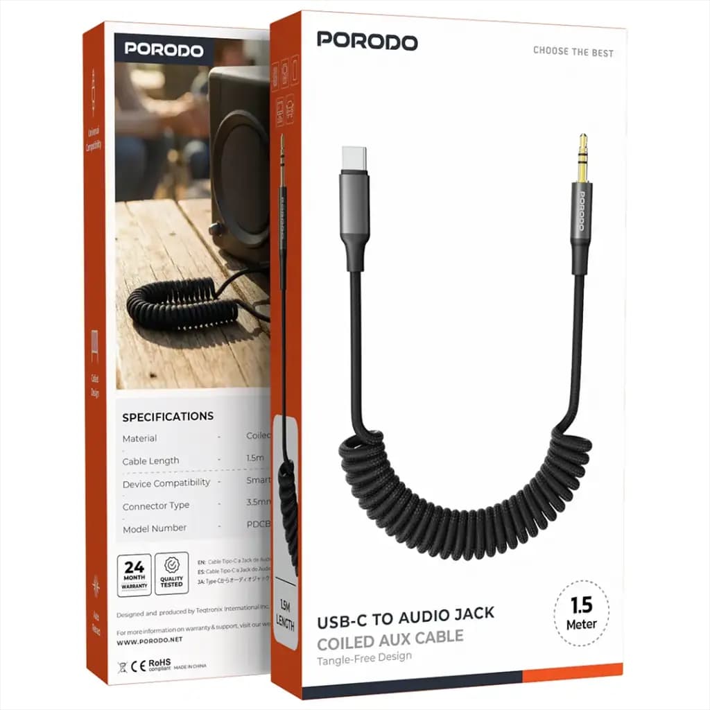 کابل AUX فنری 3.5mm به Type-C پرودو مدل PDCBL52BK — تصویر ۵