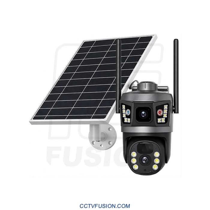 دوربین سولار سیم‌کارتی VCS87H-G | دو لنز ۵ مگاپیکسل، PTZ ۳۶۰ درجه، پنل خورشیدی ۷ وات، سنسور PIR+AI، دید رنگی شب، اپلیکیشن V380 Pro — تصویر ۲