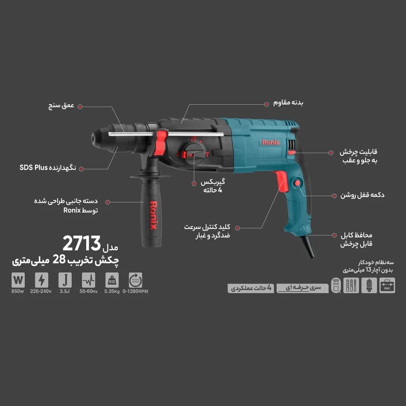 دریل بتن‌کن 28 میلی‌متری 850 وات 2713 رونیکس — تصویر ۴