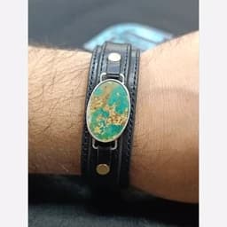 دستبند چرمی نقره سنگ فیروزه نیشابوری ارسال رایگان — تصویر ۲