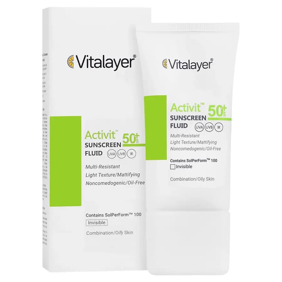 فلوئید ضد آفتاب بی رنگ ویتالایر مدل Activit با SPF50 مناسب پوست چرب حجم 50 میلی لیتر — تصویر ۱۲