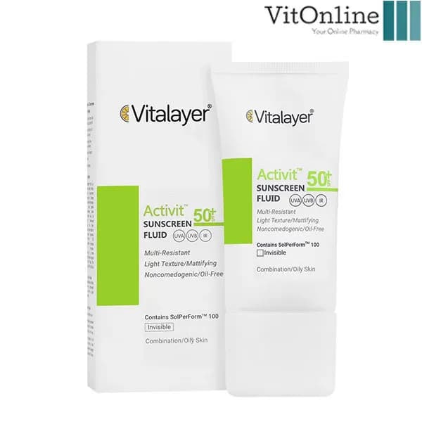 فلوئید ضد آفتاب بی رنگ ویتالایر مدل Activit با SPF50 مناسب پوست چرب حجم 50 میلی لیتر