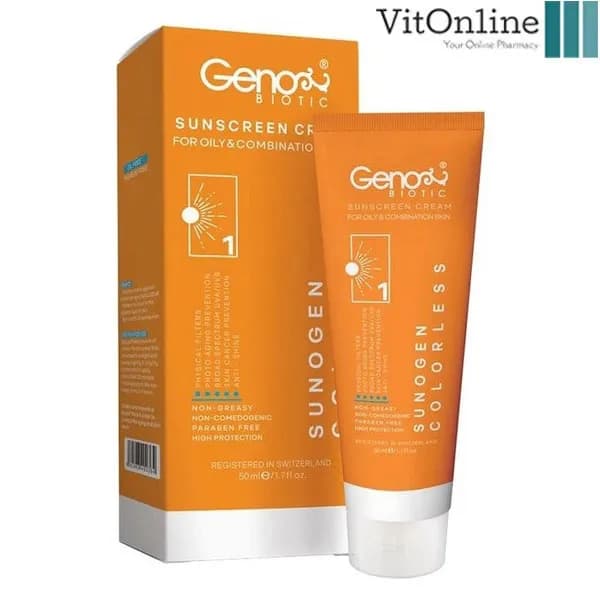 کرم ضد آفتاب بی رنگ پوست های چرب SPF 50 سانوژن ژنوبایوتیک 50 میل