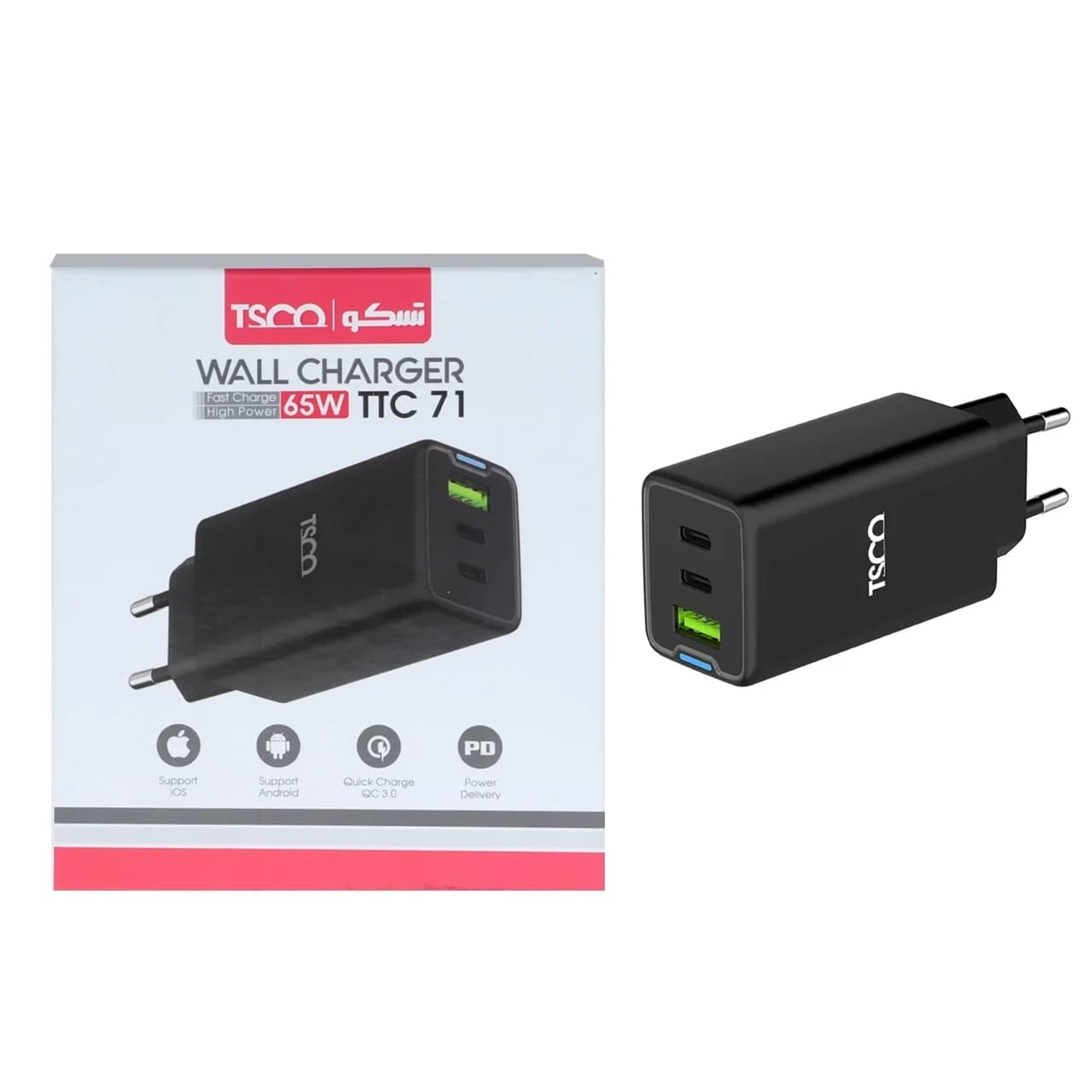 شارژر دیواری PD و فست سه پورت TSCO مدل TTC 71 65W – مشکی — تصویر ۷