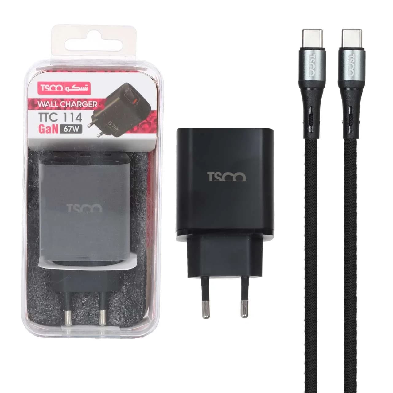 شارژر دیواری PD و فست دو پورت 67 وات Tsco مدل TTC 114 به همراه کابل شارژ Type-C To Type-C – مشکی (گارانتی 12 ماهه TSCO)