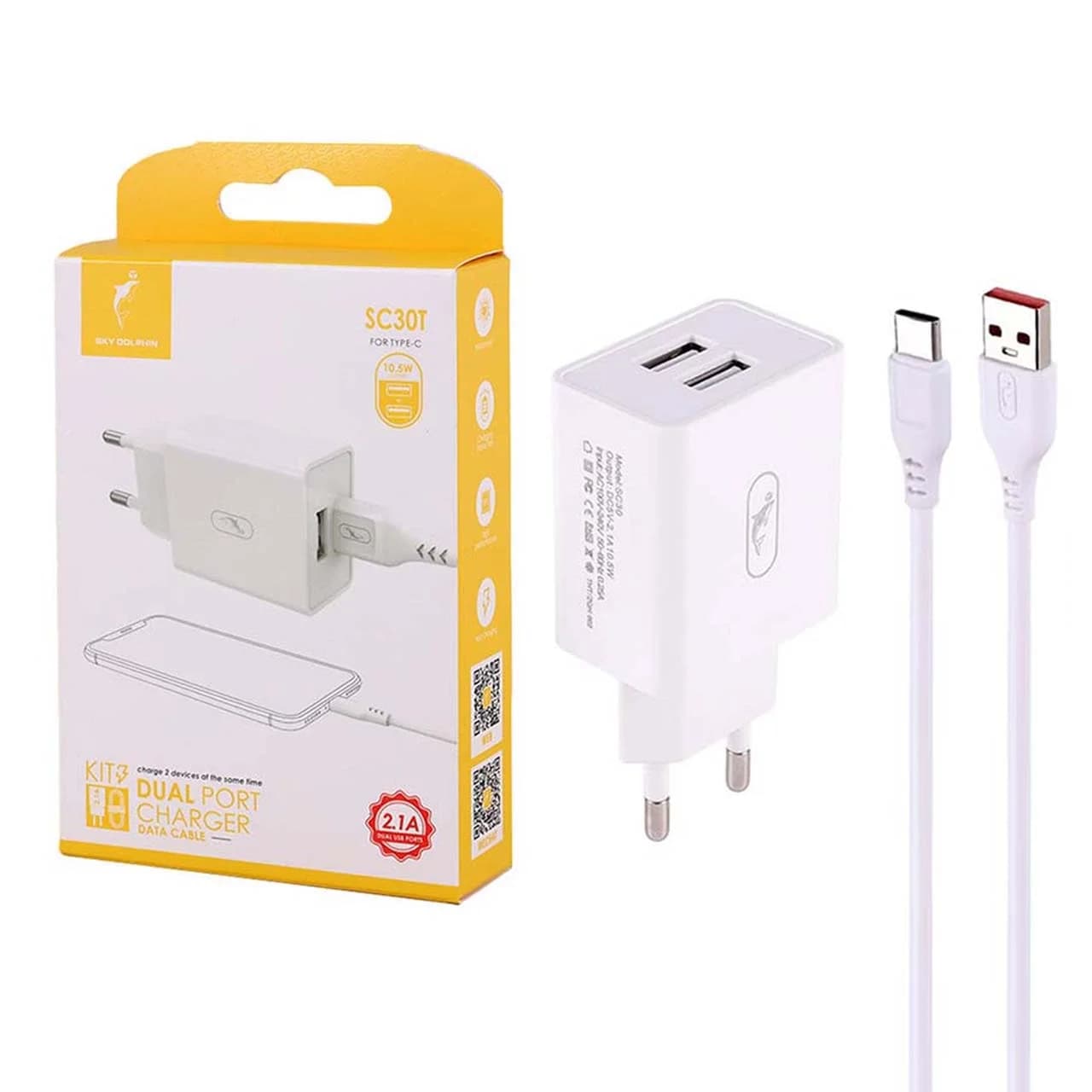 شارژر دیواری فست دو پورت SKY DOLPHIN مدل SC30T 10.5W به همراه کابل شارژ Type-C – سفید – TCO
