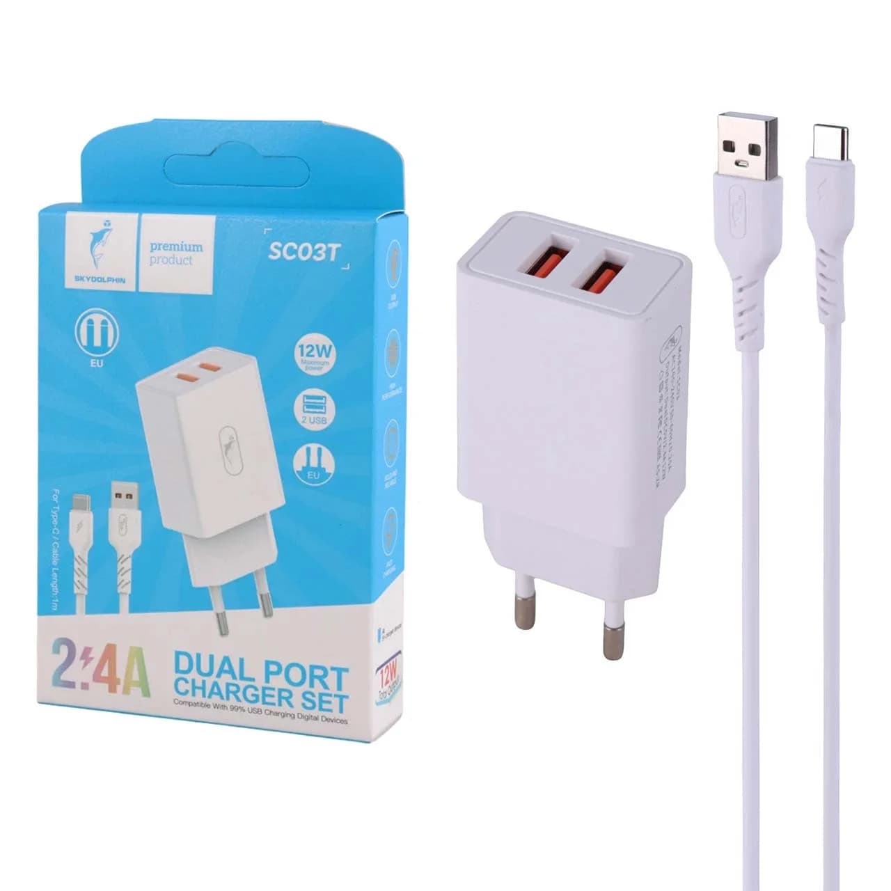 شارژر دیواری فست دو پورت SKY DOLPHIN مدل SC03T 12W به همراه کابل شارژ Type-C – سفید – TCO