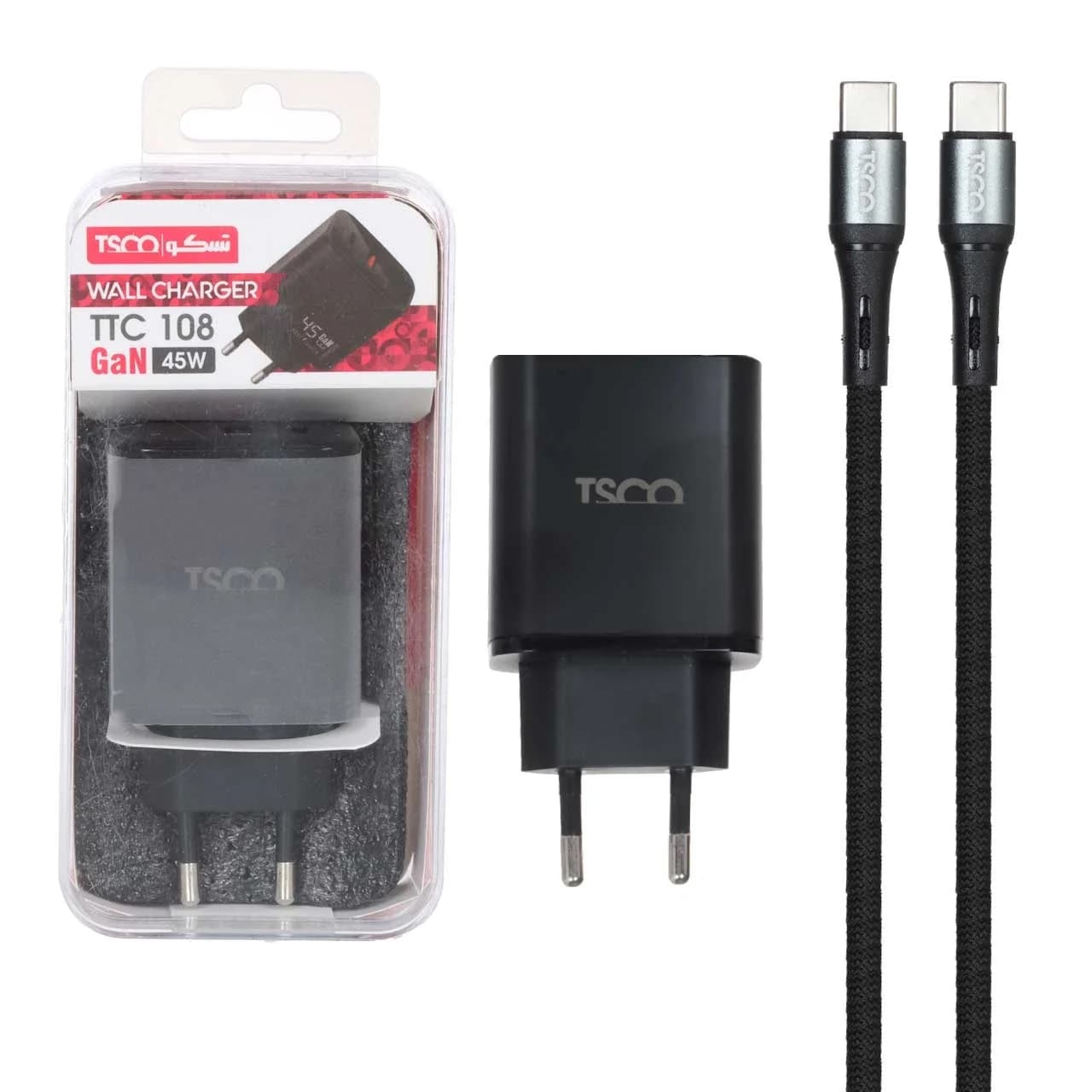 شارژر دیواری PD و فست دو پورت 45 وات Tsco مدل TTC 108 به همراه کابل شارژ Type-C To Type-C- مشکی (گارانتی 12 ماهه TSCO) — تصویر ۷
