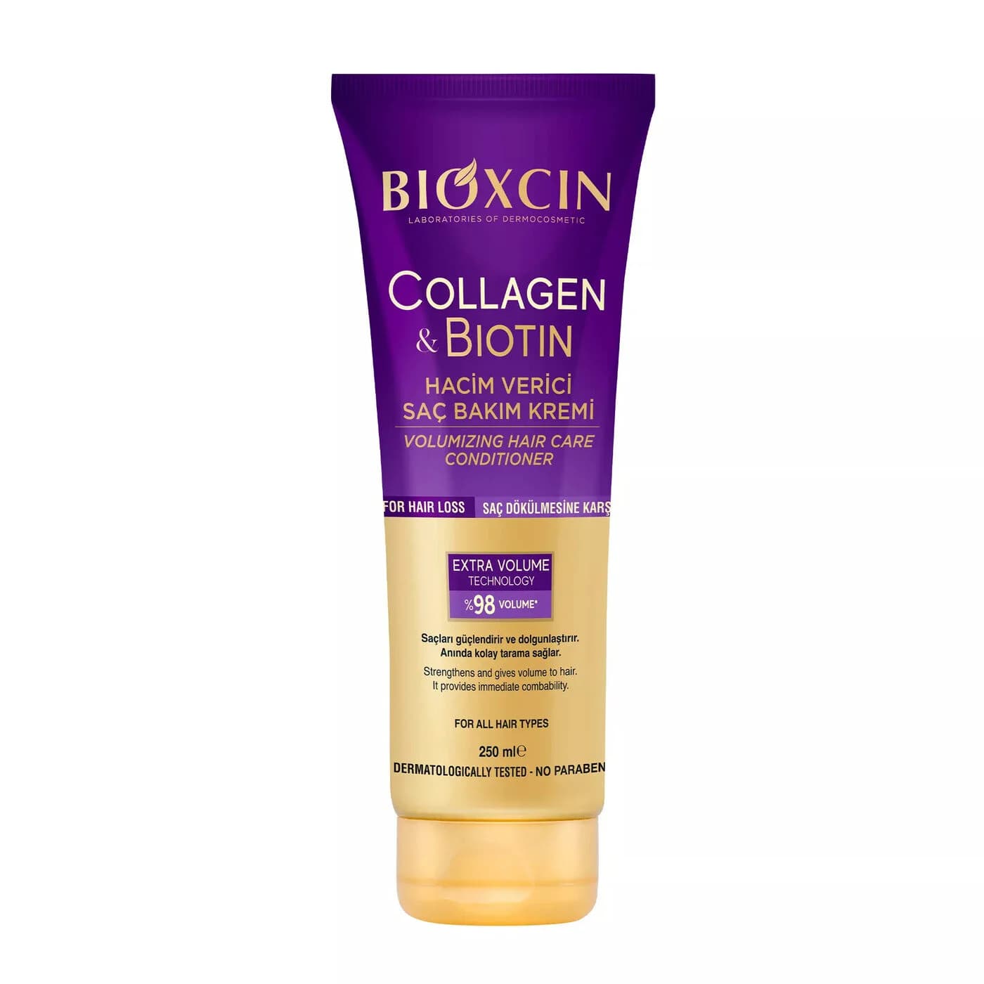ماسک تیوپی حجم دهنده مو بیوکسین Bioxcin بنفش حاوی بیوتین و کلاژن حجم 250 میل
