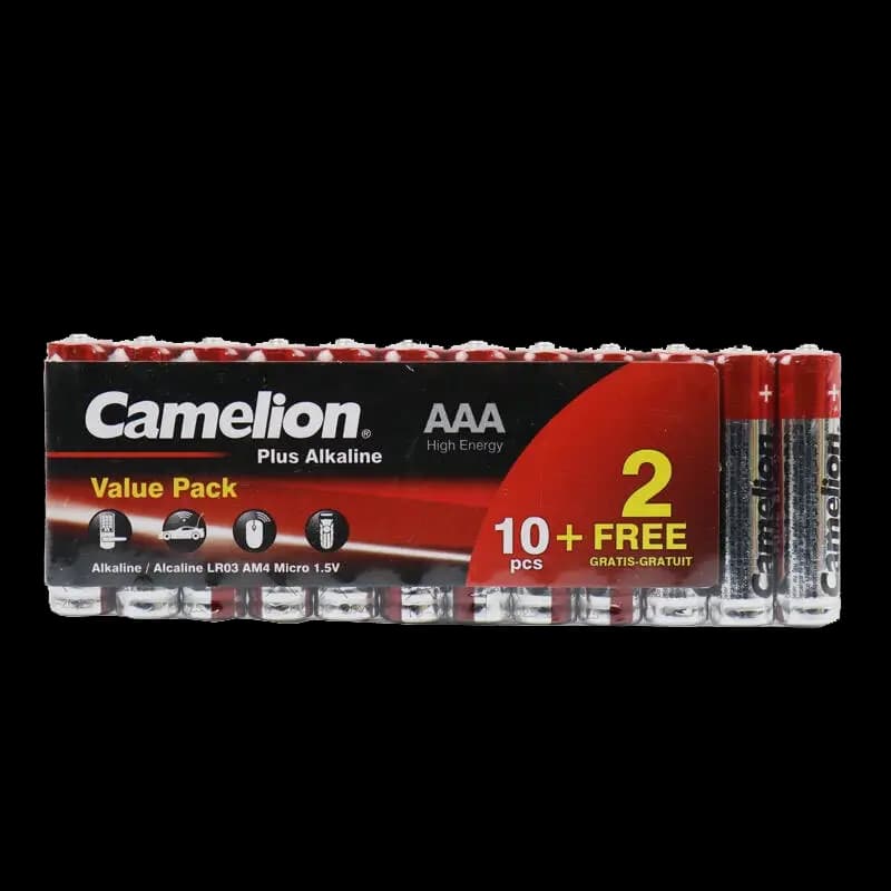 باتری نیم قلمی آلکالاین کملیون مدل Camelion Plus Alkaline AAA بسته ۱۲ عددی