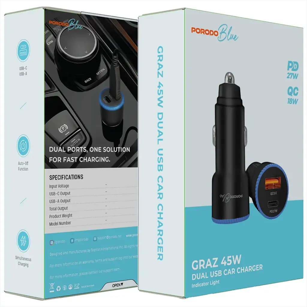 شارژر فندکی ۴۵ وات پرودو بلک مدل Dual USB Car Charger with C-C Cable — تصویر ۲