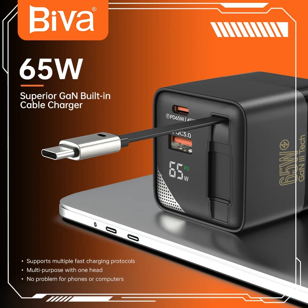شارژر دیواری بیوا HC-59 توان 65 وات | Biva HC-59 GaN Fast Charger با کابل جمعشونده — تصویر ۷