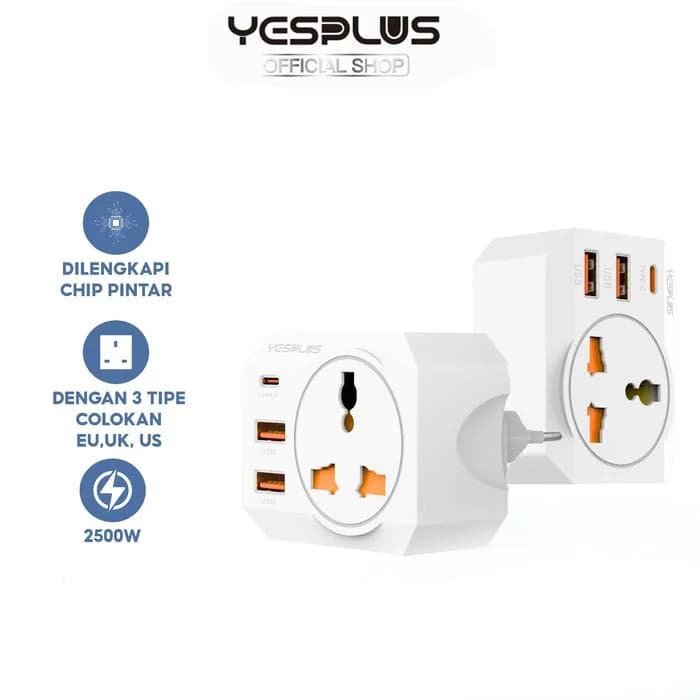 آداپتور برق و شارژر هوشمند YESPLUS مدل YS-1135 با ۲ پورت USB و ۱ پورت Type-C