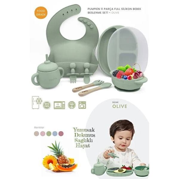 سرویس غذا خوری کودک 11 تکه کیوی مدل Pumpkin زیتونی — تصویر ۲