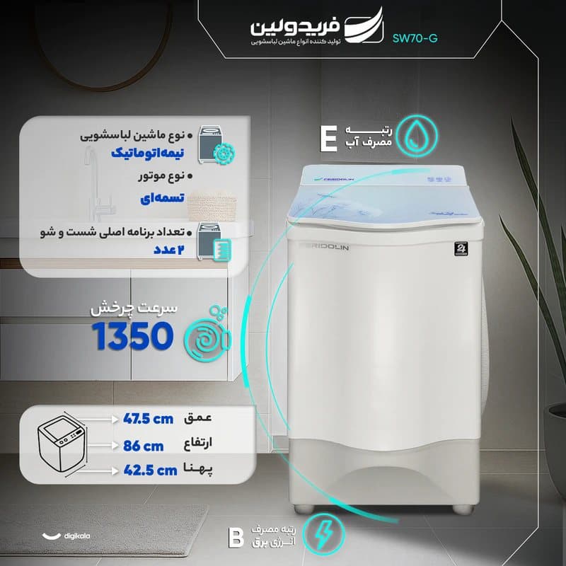 ماشین لباسشویی نیمه اتوماتیک (مینی واش) فریدولین مدل MS800 – ظرفیت 7 کیلوگرم — تصویر ۱۰