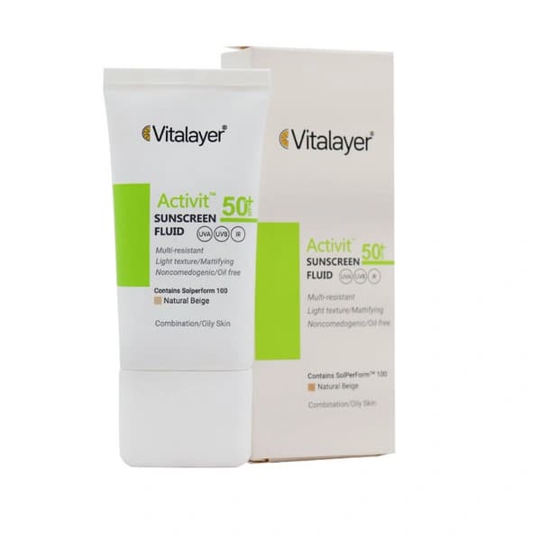 فلوئید ضدآفتاب +SPF50 پوست چرب اکتی‌ ویت بژ طبیعی ویتالیر 50 میلی‌لیتر Vitalayer
