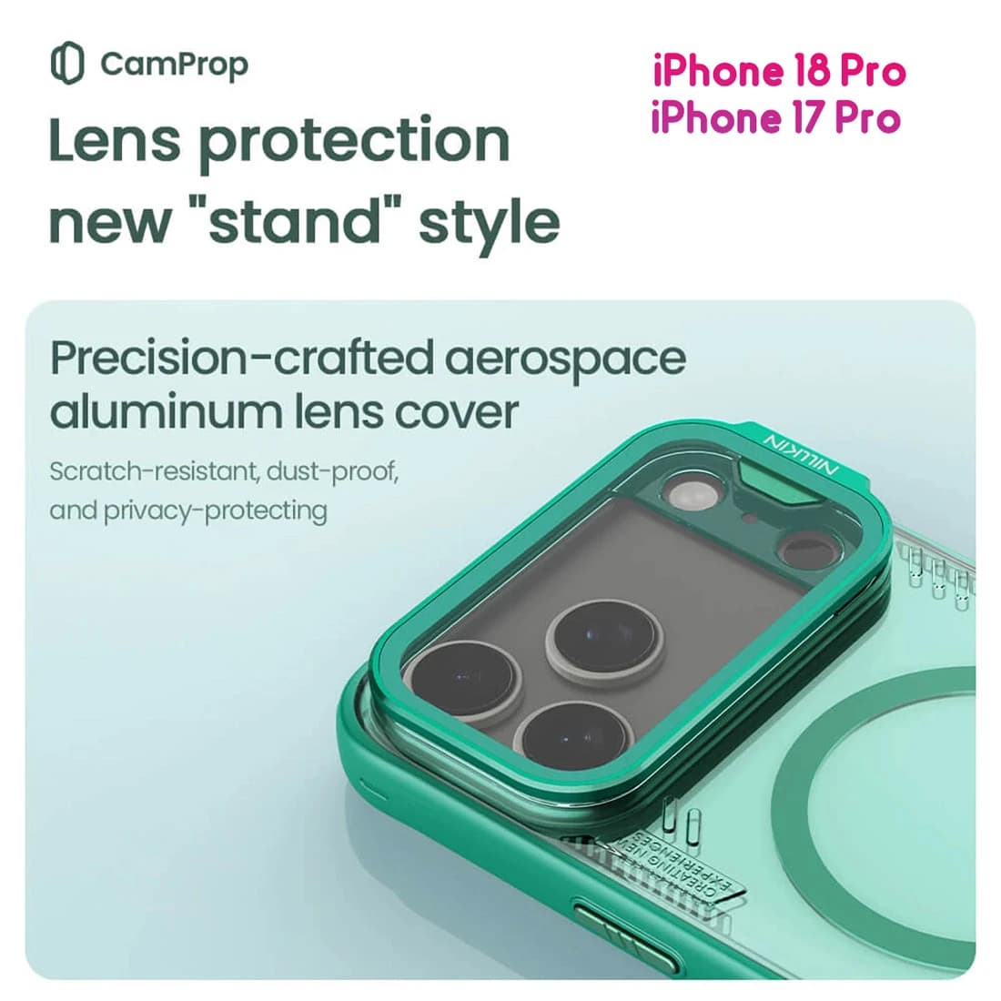 قاب کریستالی مگنتی کمرا استند شیشه‌ای iPhone 18 Pro مارک نیلکین مدل Iceblade Prop Magnetic — تصویر ۱۲