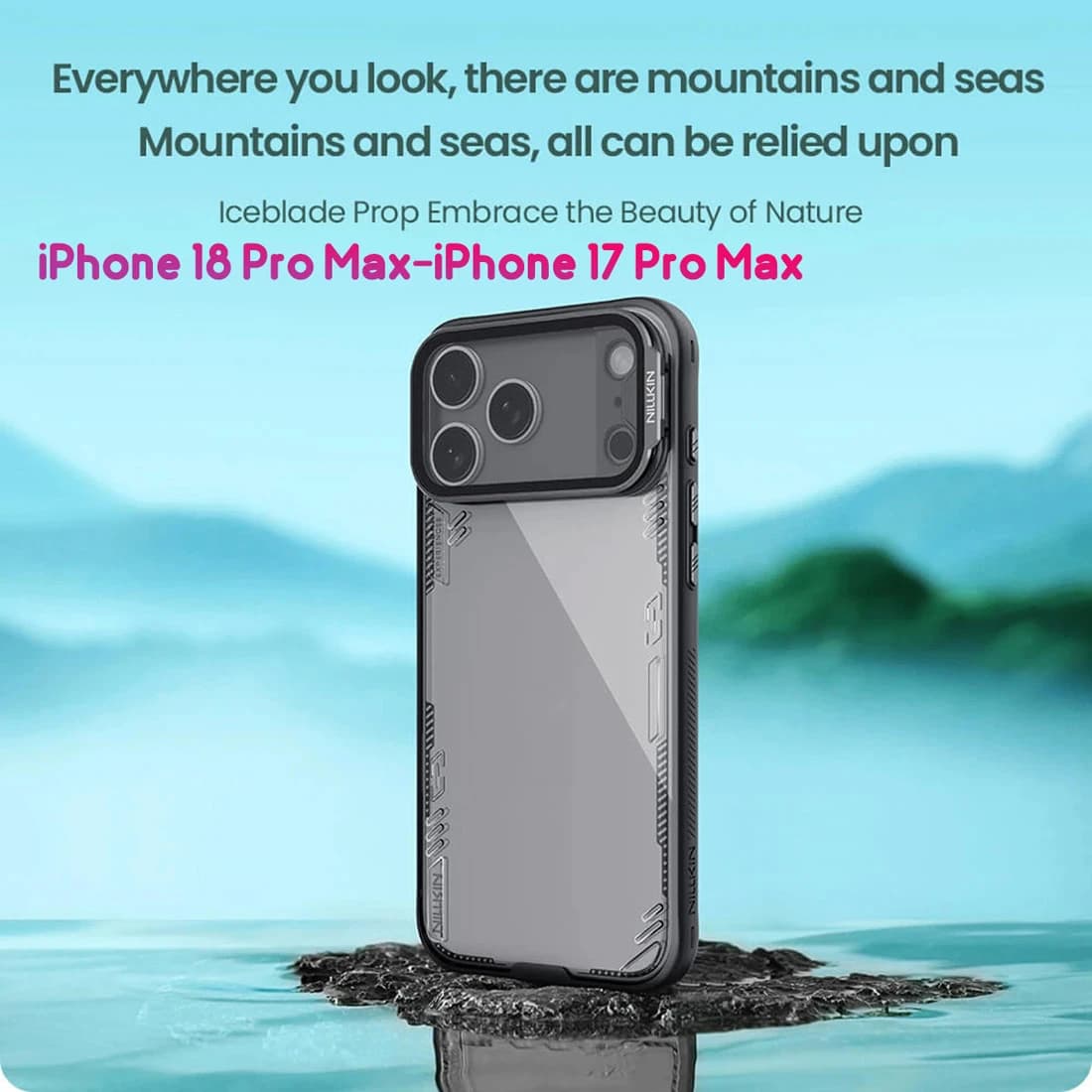 قاب کریستالی کمرا استند شیشهای iPhone 18 Pro Max مارک نیلکین مدل Iceblade Prop — تصویر ۱۲