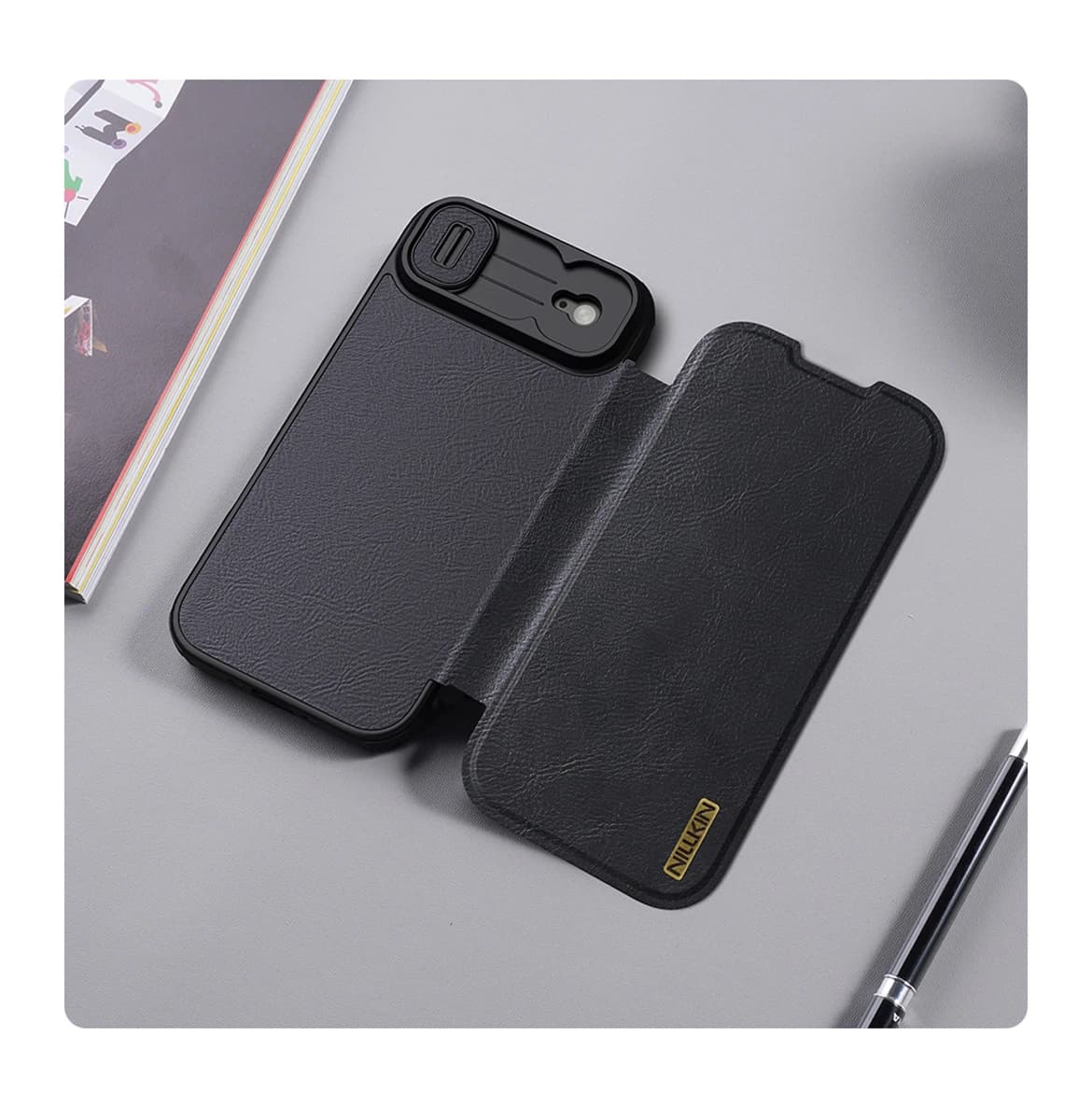کیف چرمی محافظ دوربین دار iPhone 17 Air مارک نیلکین مدل Qin Pro — تصویر ۸