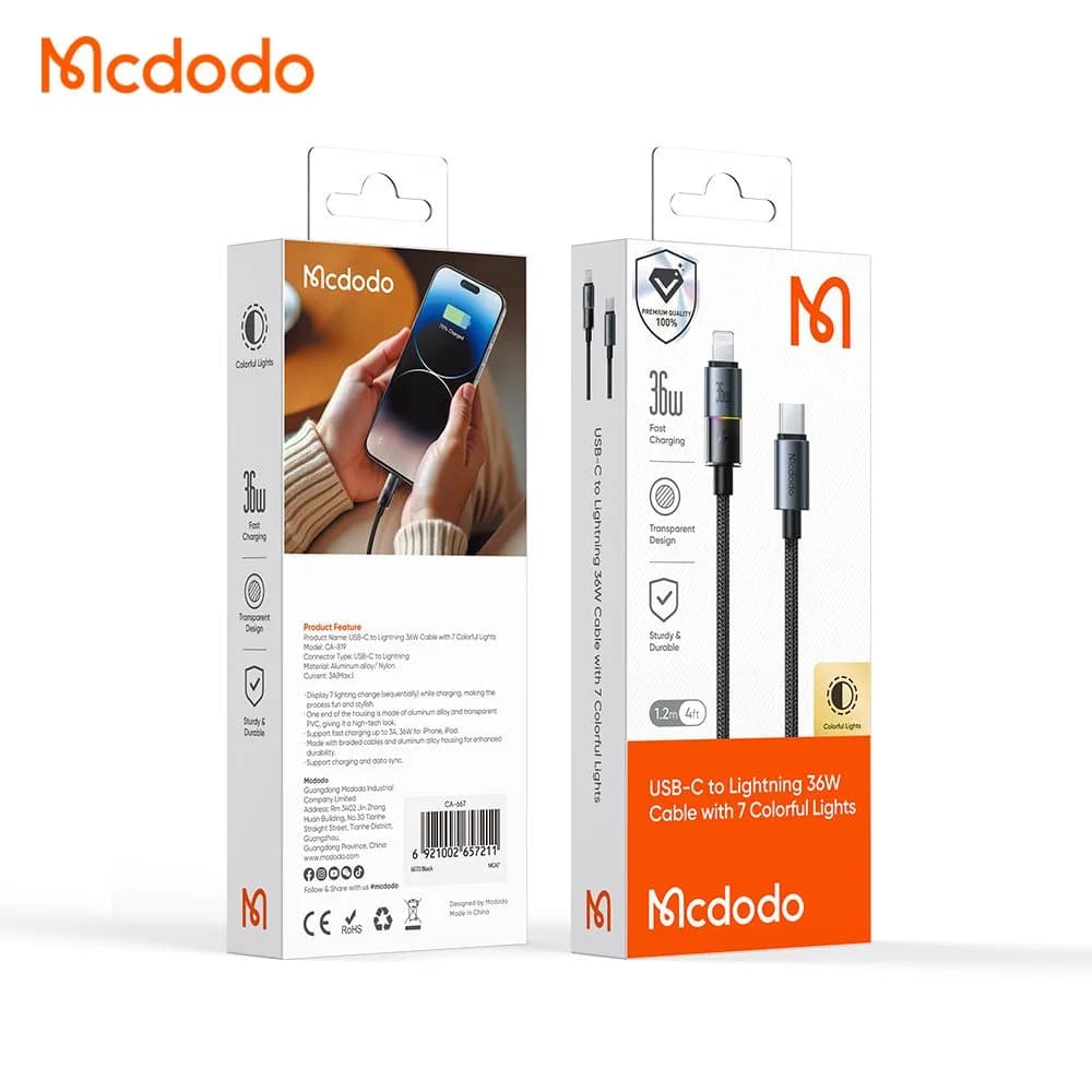 کابل شارژ 36وات 3 آمپر Type-c به Lightning رقص نور دار 1.2 متر برند مک دودو مدل Mcdodo CA-8190 — تصویر ۲