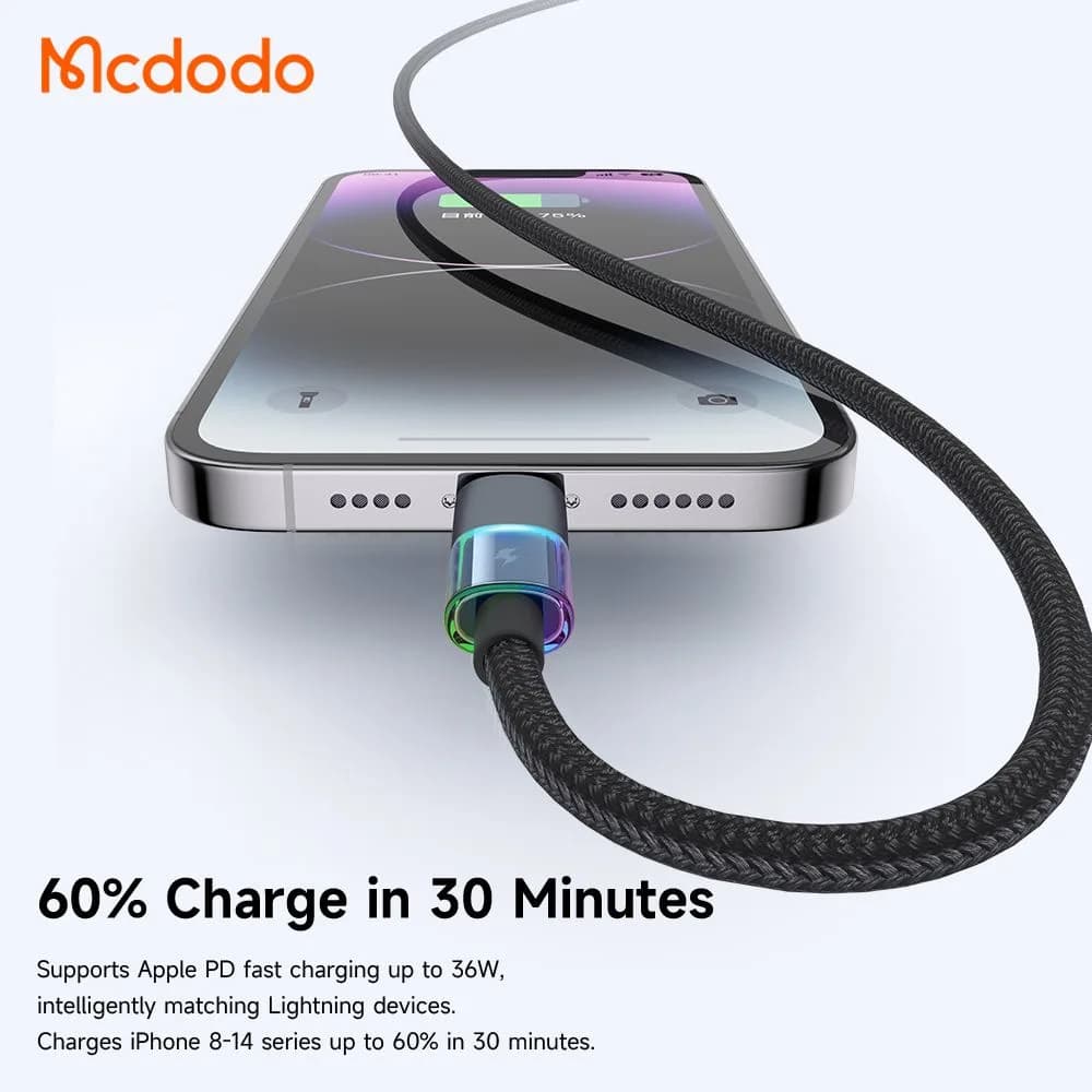 کابل شارژ 36وات 3 آمپر Type-c به Lightning رقص نور دار 1.2 متر برند مک دودو مدل Mcdodo CA-8190 — تصویر ۸