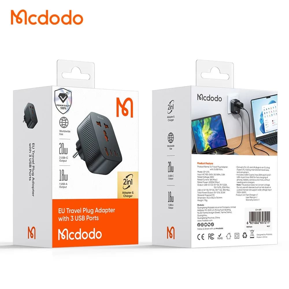 تبدیل برق 3 شاخه به 2 شاخه و شارژر دیواری 20 وات برند مک دودو مدل Mcdodo CP-0750 — تصویر ۱۰