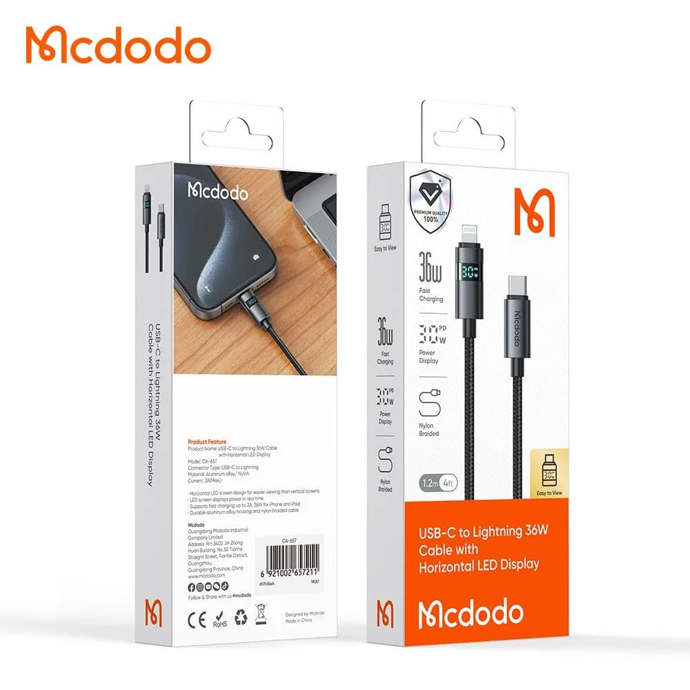 کابل شارژ 36وات 3 آمپر Type-c به Lightning نمایشگر دار 1.2 متر برند مک دودو مدل Mcdodo CA-6570 — تصویر ۱۰