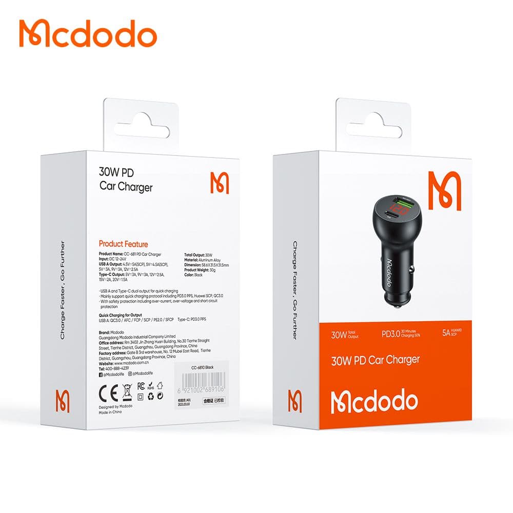 شارژر فندکی 2 پورت 30 وات 5 آمپر USB-A -Type-C دارای نمایشگر دیجیتالی برند مک دودو مدل Mcdodo CC-6810 — تصویر ۱۰
