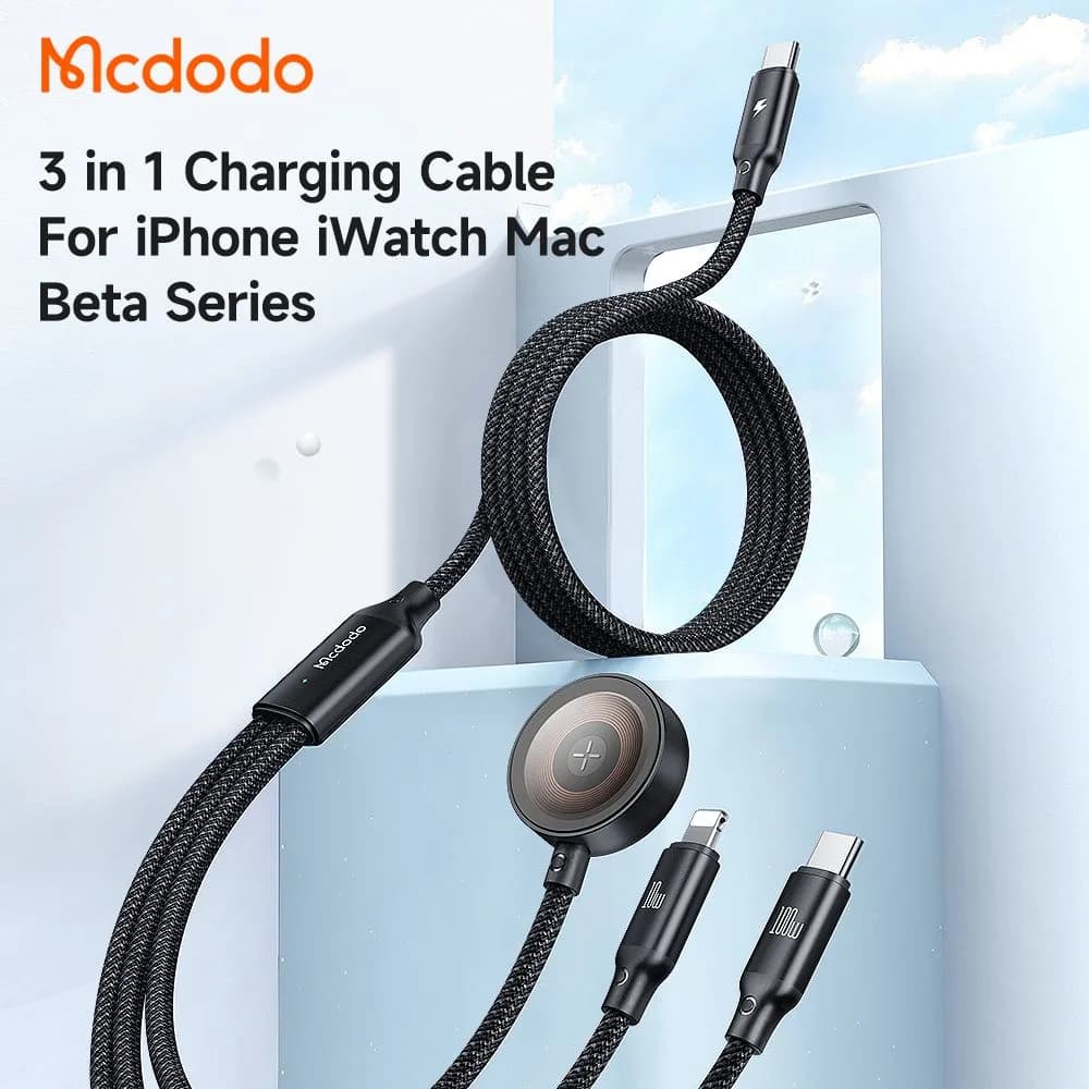 کابل شارژ چند سر 3 کاره 100وات Type-C و Lightning و Apple Watch طول 1.2 متر برند مک دودو مدل Mcdodo CA-4940 — تصویر ۵