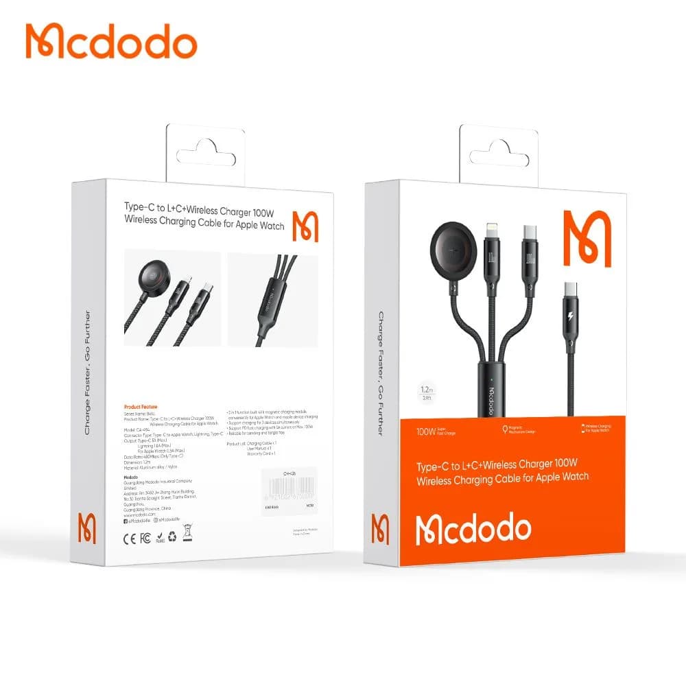 کابل شارژ چند سر 3 کاره 100وات Type-C و Lightning و Apple Watch طول 1.2 متر برند مک دودو مدل Mcdodo CA-4940 — تصویر ۲