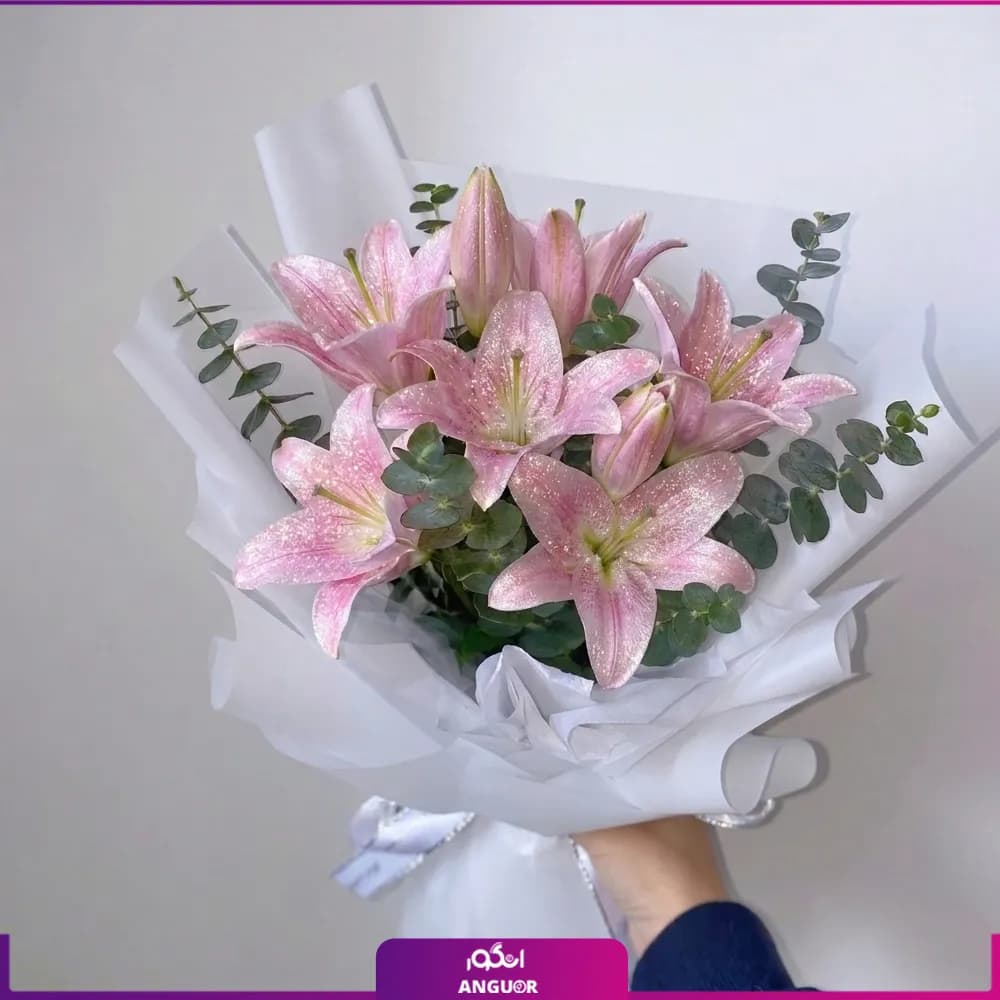 دسته گل لیلیوم صورتی (شاین دار) — تصویر ۲