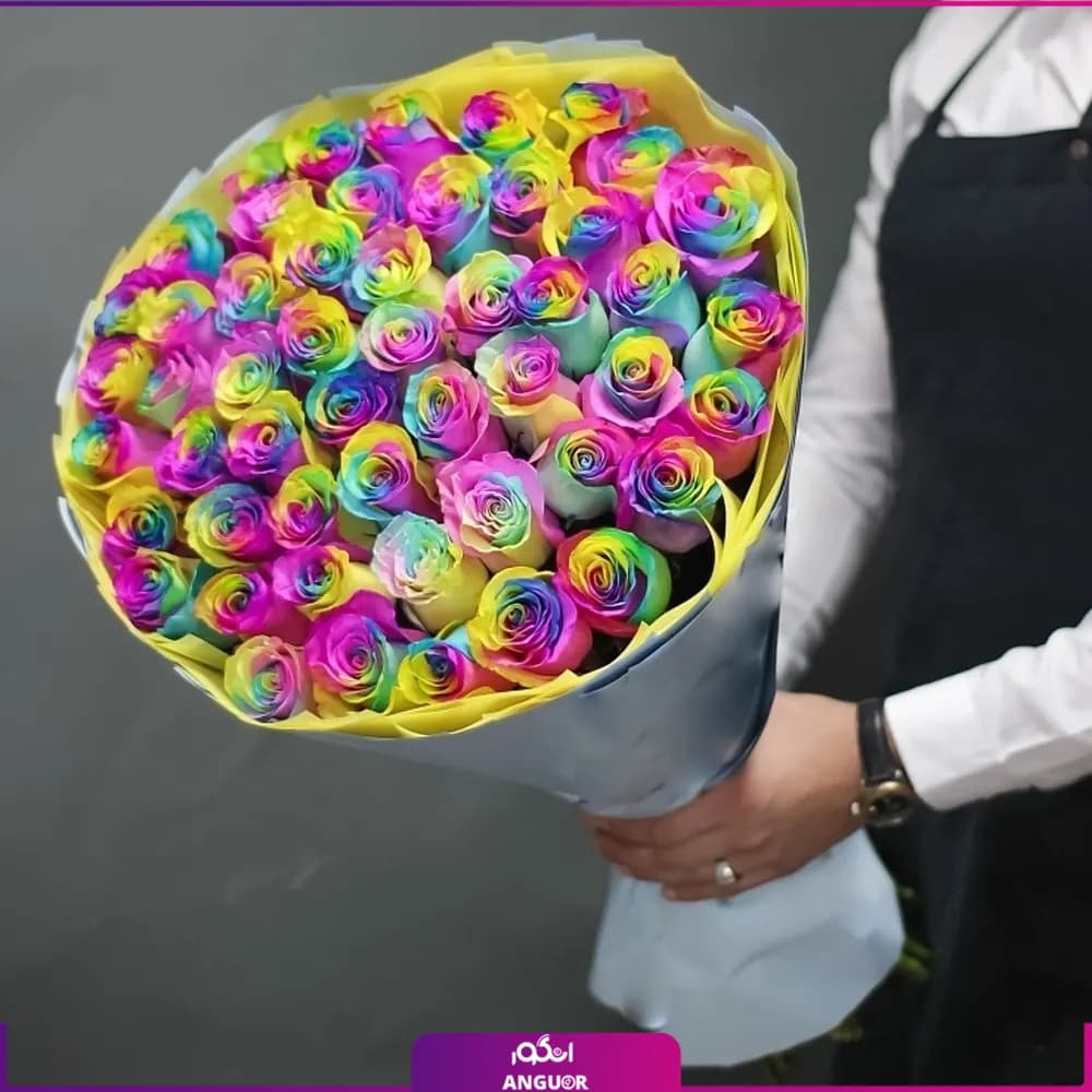 دسته گل رز رنگ هفت رنگ 50 شاخه