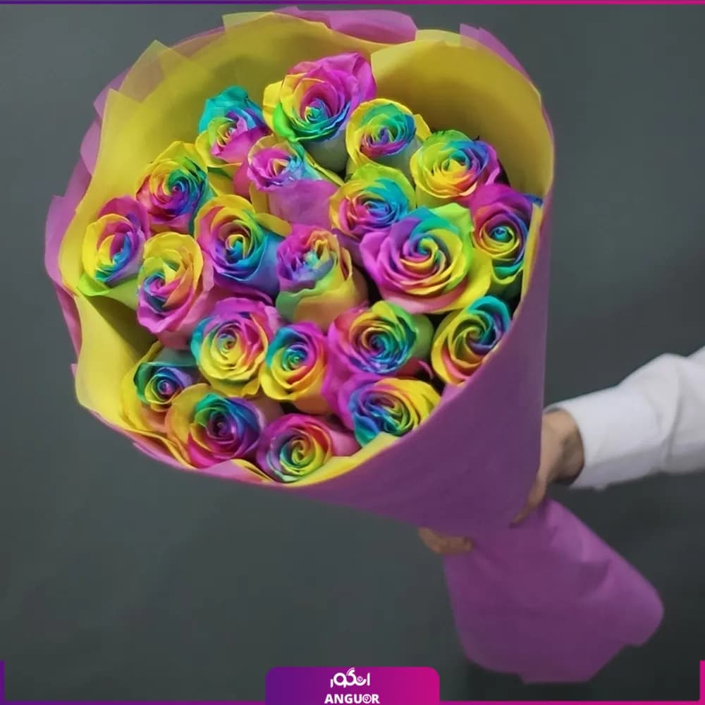 دسته گل رز رنگ هفت رنگ 21 شاخه