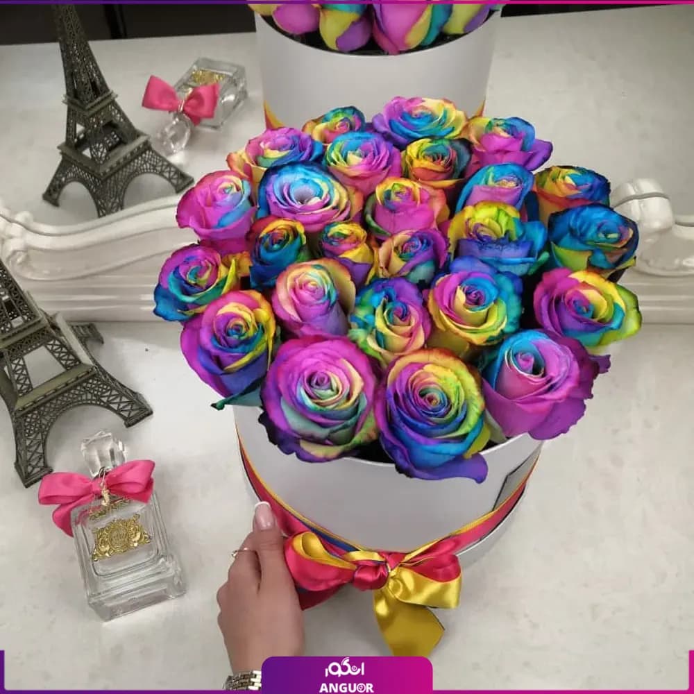 باکس گل رز هفت رنگ 27 شاخه