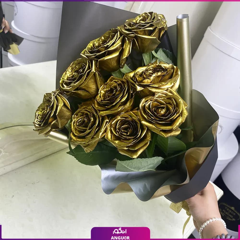 دسته گل رز طلایی 9 شاخه