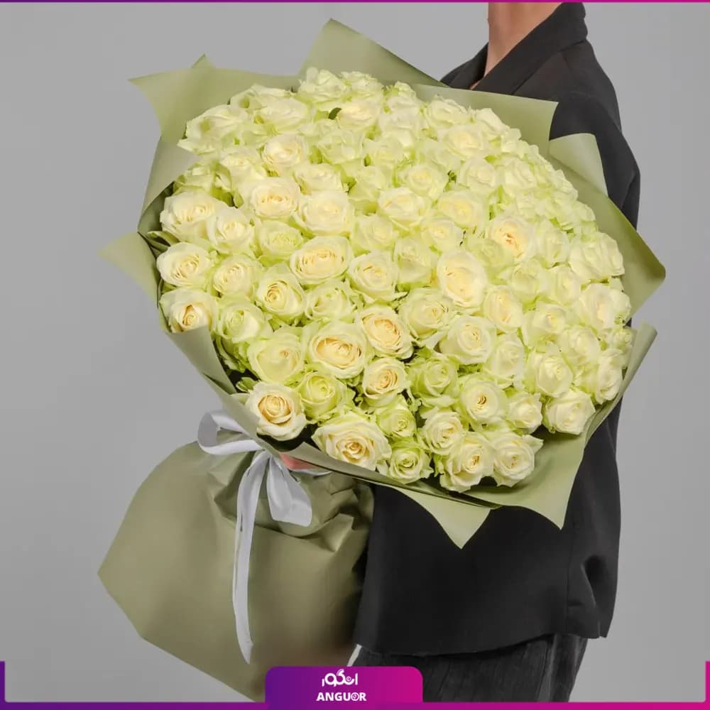 دسته گل رز سفید 101 شاخه 60 سانتی