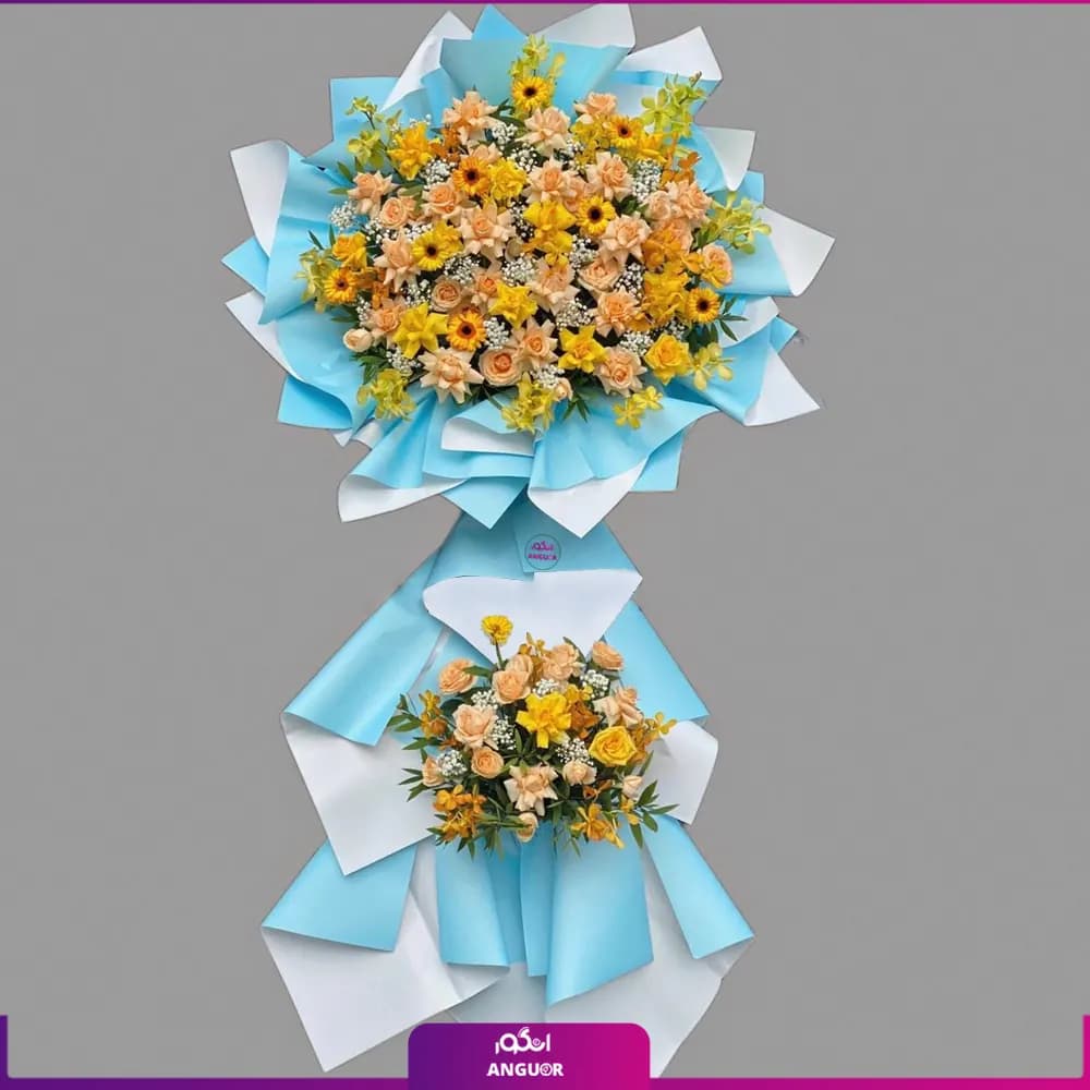 دسته گل قدی پایه‌دار تبریک شاد