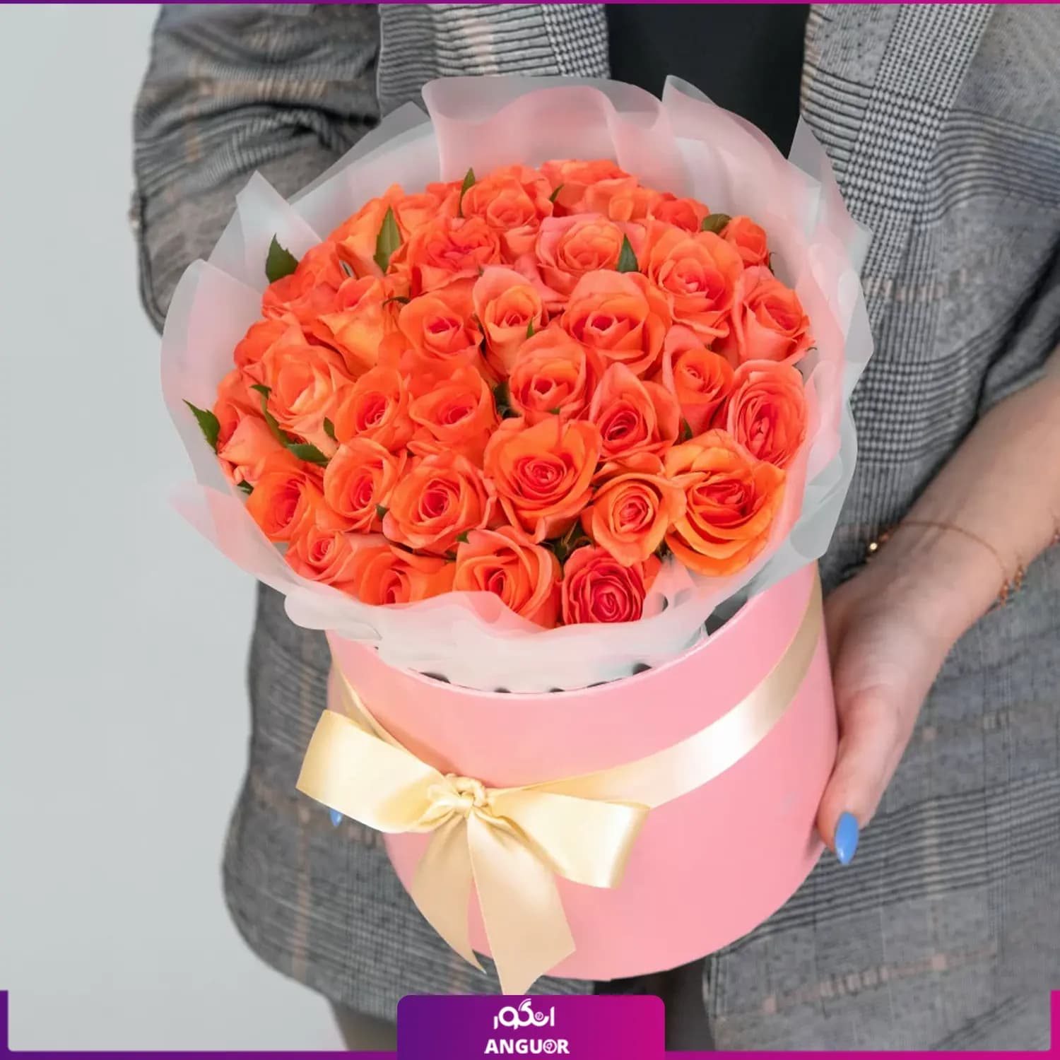 باکس گل رز نارنجی 35 شاخه 40 سانتی