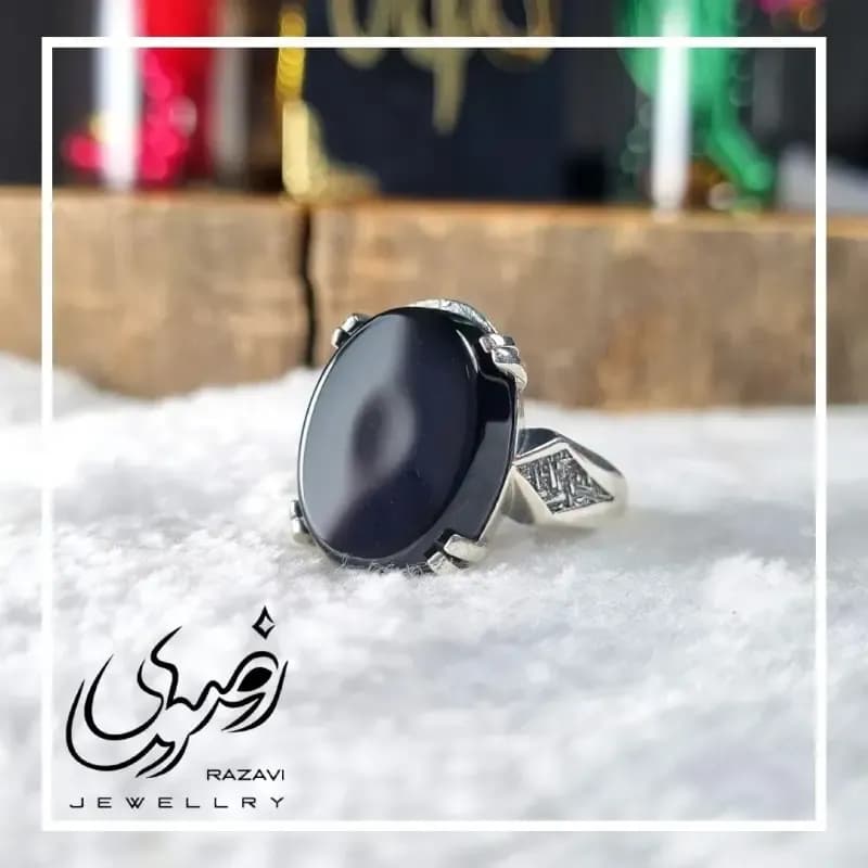 انگشتر مردانه آلیاژ نقره روس با سنگ عقیق مشکی — تصویر ۱۰
