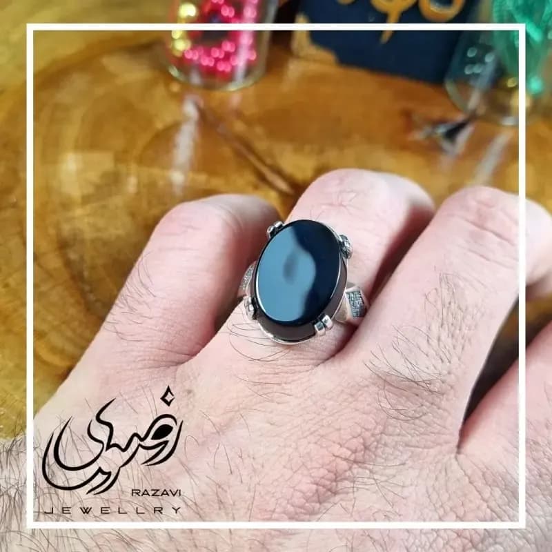 انگشتر مردانه آلیاژ نقره روس با سنگ عقیق مشکی — تصویر ۶