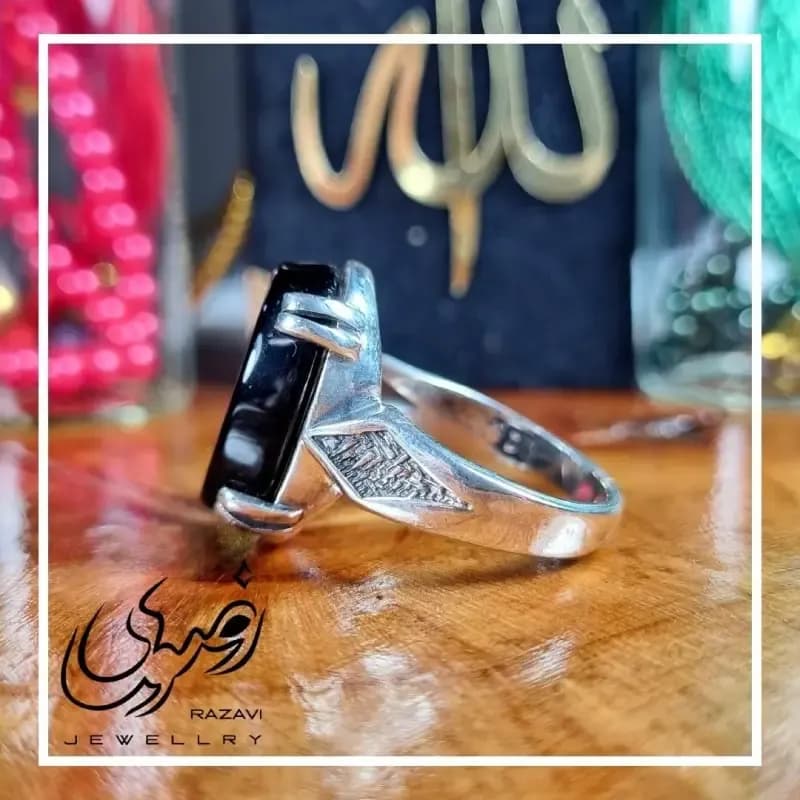 انگشتر مردانه آلیاژ نقره روس با سنگ عقیق مشکی — تصویر ۵
